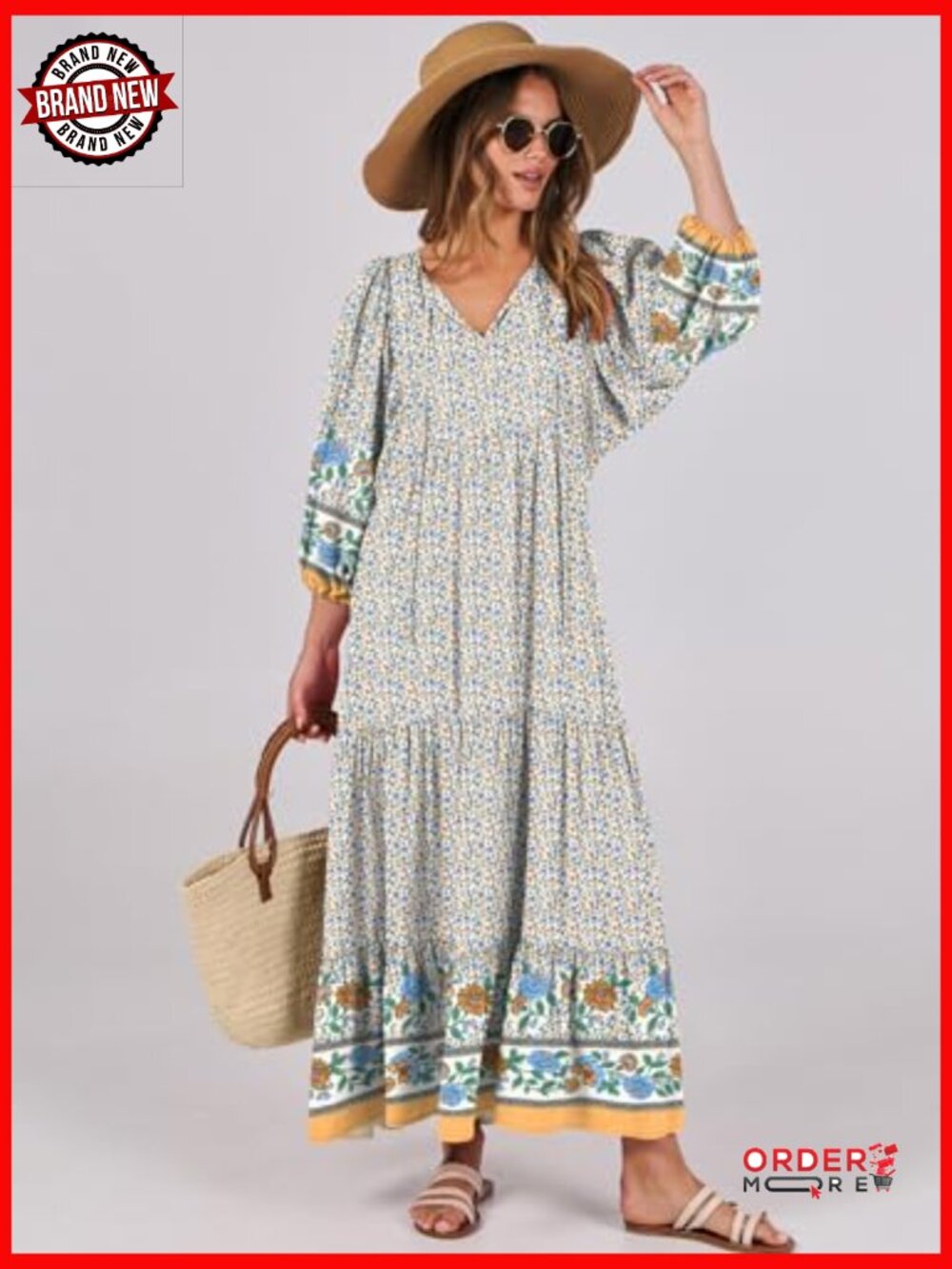 V Neck Puff Sleeve Floral Maxi Dress Boho Tiered Swing - Picture 2 of 7